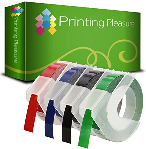 4er Pack schwarz/blau/rot/grün Selbstklebenden Etiketten 3D Prägeband 9mm x 3m, Kunststoff, kompatibel für DYMO Omega und Junior Etikettenprägegerät von Printing Pleasure