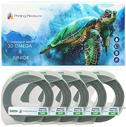 5er Pack Selbstklebenden Etiketten 3D weiß auf grün Prägeband 9mm x 3m, Kunststoff, kompatibel für DYMO Omega und Junior Etikettenprägegerät von Printing Pleasure