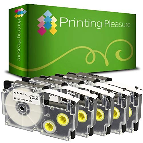 5x Schriftband kompatibel für Casio XR-9WE Schwarz auf Weiß (9mm x 8m) für Casio KL-60 70E 100 100E 120 200 200E 300 750 780 820 2000 7000 7200 7400 8100 8200 P1000 C500 L300 von Printing Pleasure