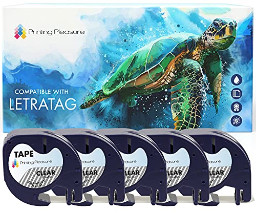 5x Schriftband kompatibel für Dymo LetraTag 12267 Schwarz auf Farblos (12mm x 4m), Kunststoff, laminiert, für Dymo LetraTag LT-100H, LT-100T, LT-110T, QX 50, XR, XM, 2000, Plus Etikettendrucker von Printing Pleasure