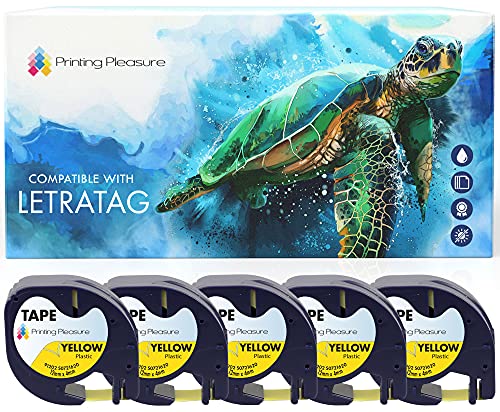 5x Schriftband kompatibel für Dymo LetraTag 91202 Schwarz auf Gelb (12mm x 4m), Kunststoff, laminiert, für Dymo LetraTag LT-100H, LT-100T, LT-110T, QX 50, XR, XM, 2000, Plus Etikettendrucker von Printing Pleasure