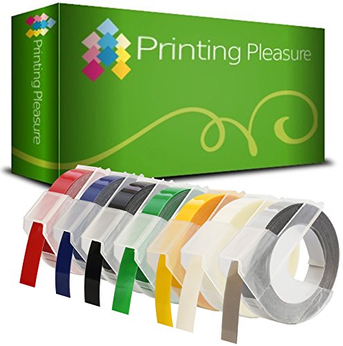 7er Pack schwarz/blau/rot/grün/gelb/transparent/silber Selbstklebenden Etiketten 3D Prägeband 9mm x 3m, Kunststoff, kompatibel für DYMO Omega und Junior Etikettenprägegerät von Printing Pleasure