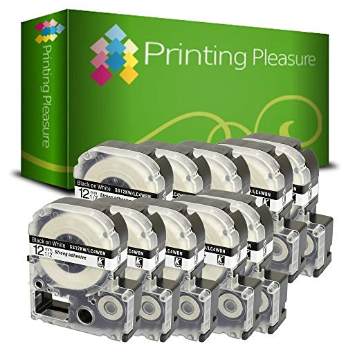 Printing Pleasure 10x AS12KW SS12KW Schwarz auf Weiß, Schriftband kompatibel für Epson LabelWorks LW-300 LW-400 LW-500 LM-700 LW-900P OK200 OK300 OK500P OK720 OK900P KingJim TepraPro | 12mm x 8m von Printing Pleasure