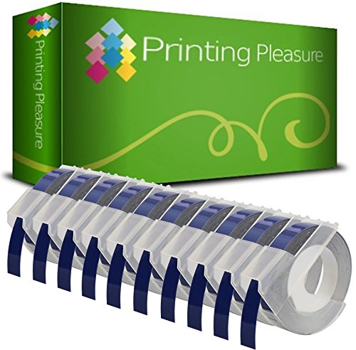 Printing Pleasure 10x Blau Prägebänd S0898140 Prägeetiketten für Dymo Junior S0717900 & Omega S0717930 Prägegeräte | 9mm x 3m | weißer Druck auf blauen Untergrund von Printing Pleasure