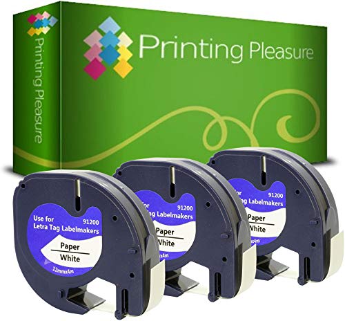Printing Pleasure 3 x 10697 91200 S0721510 S0721520 Schwarz auf Weiß, Schriftband kompatibel für Dymo LetraTag LT100H LT100T LT110T QX50 XR XM 2000 Plus | 12mm x 4m | Papier von Printing Pleasure