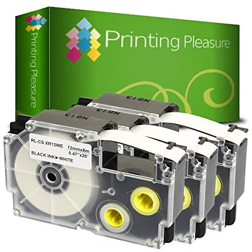 Printing Pleasure 3 x XR-12WE XR-12WE1 Schwarz auf Weiß, Schriftband kompatibel für Casio KL-60 KL-100 KL-120 KL-200 KL-300 KL-750 KL-780 KL-820 KL-2000 KL-7000 KL-7200 KL-8100 | 12mm x 8m | Farbband von Printing Pleasure