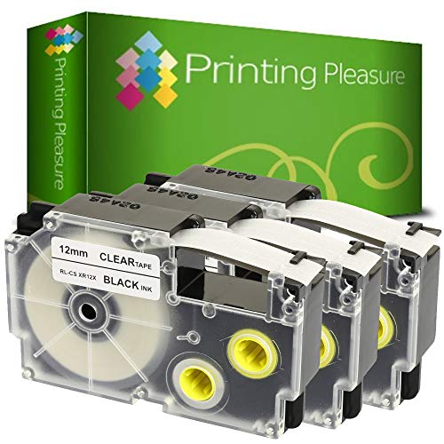 Printing Pleasure 3 x XR-12X XR-12X1 Schwarz auf Transparent, Schriftband kompatibel für Casio KL-60 KL-100 KL-120 KL-200 KL-300 KL-750 KL-780 KL-820 KL-2000 KL-7000 KL-7200 | 12mm x 8m | Farbband von Printing Pleasure