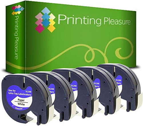 Printing Pleasure 5 x 10697 91200 S0721510 S0721520 Schwarz auf Weiß, Schriftband kompatibel für Dymo LetraTag LT100H LT100T LT110T QX50 XR XM 2000 Plus | 12mm x 4m | Papier von Printing Pleasure