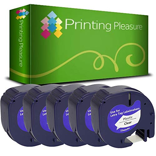 Printing Pleasure 5 x 12267 S0721530 Schwarz auf Transparent, Schriftband kompatibel für Dymo LetraTag LT100H LT100T LT110T QX50 XR | 12mm x 4m | Kunststoff von Printing Pleasure