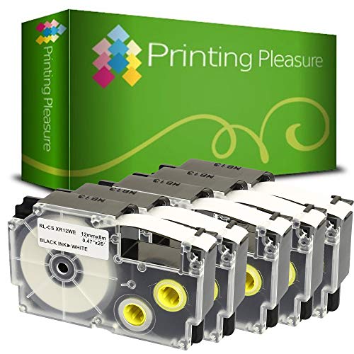 Printing Pleasure 5 x XR-12WE XR-12WE1 Schwarz auf Weiß, Schriftband kompatibel für Casio KL-60 KL-100 KL-120 KL-200 KL-300 KL-750 KL-780 KL-820 KL-2000 KL-7000 KL-7200 KL-8100 | 12mm x 8m | Farbband von Printing Pleasure
