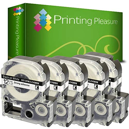 Printing Pleasure 5X AS12KW SS12KW Schwarz auf Weiß, Schriftband kompatibel für Epson LabelWorks LW-300 LW-400 LW-500 LM-700 LW-900P OK200 OK300 OK500P OK720 OK900P KingJim TepraPro | 12mm x 8m von Printing Pleasure
