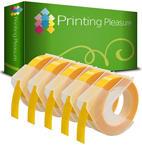 Printing Pleasure 5X Gelb Prägeetikettenband für Dymo Junior S0717900 & Omega S0717930 Prägegeräte | 9mm x 3m | weißer Druck auf gelben Untergrund von Printing Pleasure