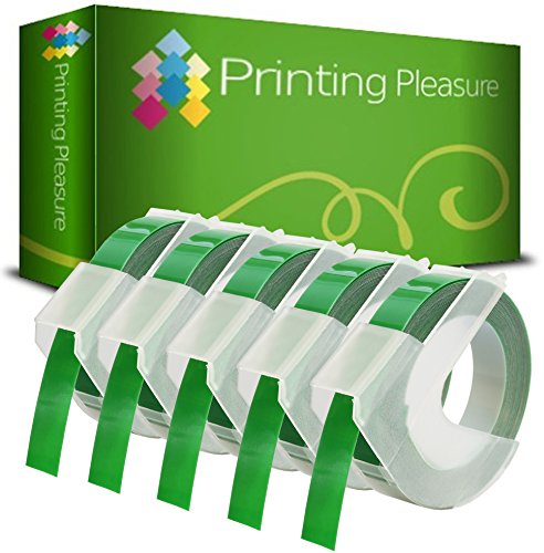 Printing Pleasure 5X Grün Prägebänd S0898160 Prägeetiketten für Dymo Junior S0717900 & Omega S0717930 Prägegeräte | 9mm x 3m | weißer Druck auf grünem Untergrund von Printing Pleasure