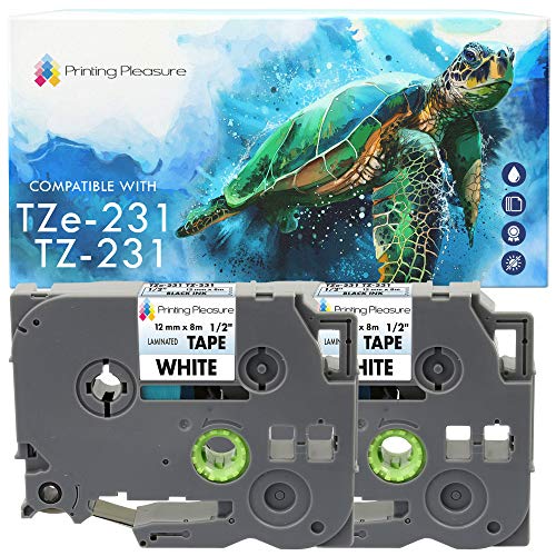 Printing Pleasure TZe-231 Schwarz auf Weiß Laminiert Schriftband TZ-231 2er Pack kompatibel für Brother P-Touch PT-1000 PT-H100 PT-D210VP PT-D400 PT-D600VP PT-P700 PT-P750W Cube, 12mm x 8m von Printing Pleasure