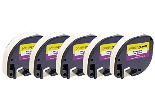 5 Rollen LetraTag S0721550 12267 12mm x 4m Schwarz auf Transparent Etikettenband Kunststoff kompatibel für LetraTag LT-100H LT-100T LT-110T QX50 XR XM 2000 Plus von Printing Saver
