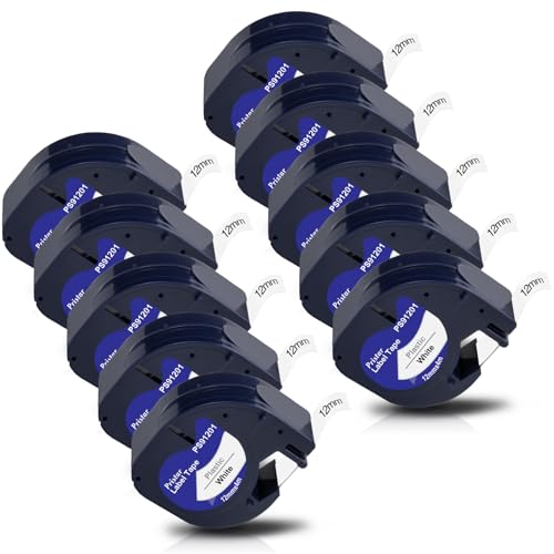 Pristar 10x Schriftband Kompatible für Dynmo XR Etikettenband 91221 S0721660 Kompatible für Dynmo 200B LT-100H LT-100T 80 Beschriftungsgerät Kunststoff Band 12mm x 4m Schwarz auf Weiß von Pristar
