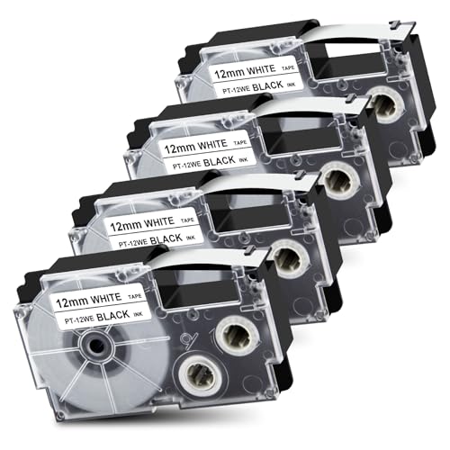 Pristar 4x Schriftband Kompatibel für Casio XR-12WE XR12WE für Casio EZ KL-60 KL-70e KL-100 KL-120 KL-130 KL-200 KL-200E KL-300 KL-750 KL-820 Beschriftungsgerät, 12mm x 8m, Schwarz auf Weiß von Pristar
