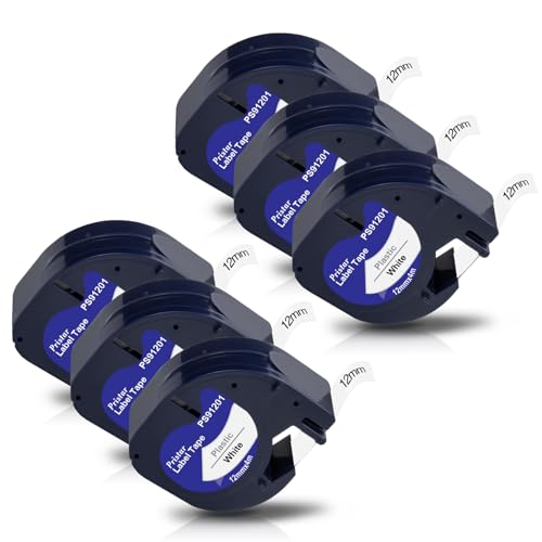 Pristar 6x Schriftband Kompatible für Dynmo 91221 S0721660 Etikettenband 12mm x 4m Plastik Band Kompatible für Dynmo XR LT-100H LT-100T 200B 80 Beschriftungsgerät, Schwarz auf Weiß von Pristar