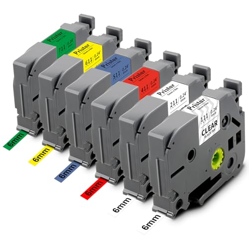 Pristar 6er-Pack Kompatible Tze 6mm Schriftband für Brother TZe-111 TZe-211 TZe-411 TZe-511 TZe-611 TZe-711 Tz Laminated für Brother Ptouch PT-H105 PT-H107 PT-1010 PT-1000 PT-D400 D210 D200 E110 von Pristar