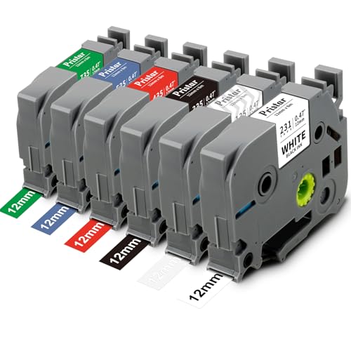 Pristar 6x Kompatible Tz 0.47 Schriftband für Brother TZe-231 TZe-135 TZe-335 TZe-435 TZe-535 TZe-735 für Brother PT-H105 PT-H107B PT-P300BT PT-E500 PT-H110 H100LB H100R P700 E550W E110 12mm x 8m von Pristar