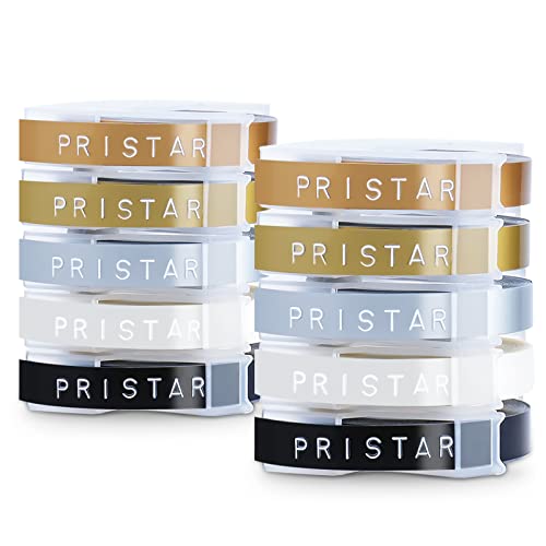 Pristar Kompatibel Prägeband mit Dymo 3D Kunststoff 9mm x 3m für Omega Junior Motex E101 E303 Etikettenprägegerät Vinyl-Prägeetiketten, Weiß auf Schwarz/Transparen/Gold/Silber/Champagnergold von Pristar