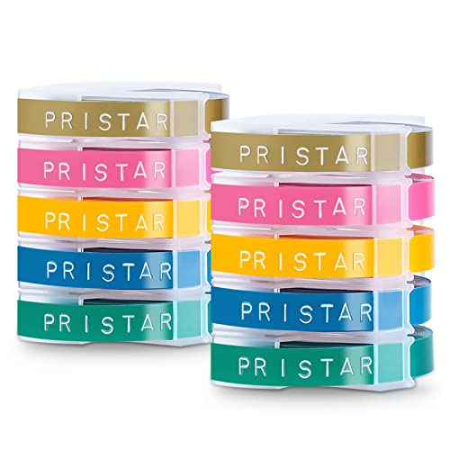 Pristar Kompatibel Prägeband mit 3D Kunststoff 9mm x 3m für Omega Junior E101 E303 Etikettenprägegerät Vinyl-Prägeetiketten, Weiß auf Golden/Gelb/Rosa/Seegrün/Meerblau von Pristar