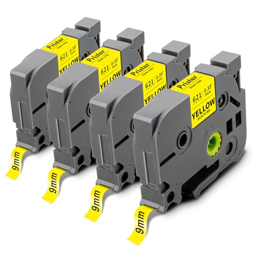 Pristar Kompatible 9mm Schriftband für Brother TZe-621 Tze621 P-touch Bänder für Brother PT-1000 1010 1080 PT-H105 P700 D400 PT-E110 PT-P300BT PT-H100LB PT-H100R 107B D200BW Schwarz auf Gelb 4 Pack von Pristar