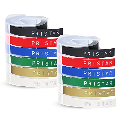 Pristar Kompatible Prägeband für Dynmo 3D Kunststoff Prägebändern Etikettenband 9mm x 3m für Dynmo Omega Junior Motex Etikettenprägegerät Weiß auf Schwarz/Rot/Blau/Gelbem/Gold/Transparent von Pristar