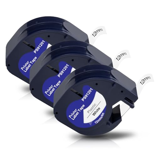 Pristar 3x Schriftband Kompatible für Dynmo 12mm x 4m Etikettenband 91221 S0721660 Kunststoff Schwarz auf Weiß Kompatible für Dynmo XR Bänder LT-100H LT-100T 200B 80 Beschriftungsgerät von Pristar