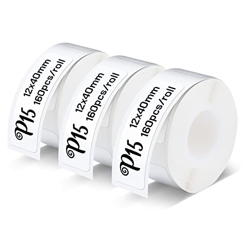 Pristar P15 Labels, 3 Rollen 12 mm * 40 mm Selbstklebendes Thermoband Etiketten, Kompatibel mit P15 Etikettendrucker, Geeignet für Zuhause, Büro, Schule, Lagerorganisation, Weiß, 160 Etiketten/Rolle von Pristar