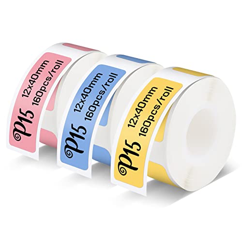 Pristar P15 Etiketten, 3 Rollen 12mm * 40mm Selbstklebendes Thermoband Etiketten, Kompatibel mit P15 Etikettendrucker, Pink+Gelb+Blau, 160 Etiketten/Rolle von Pristar
