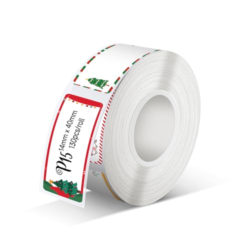 Pristar P15 Weihnachtsetikettenband, 1 Rolle 14 mm x 40 mm, selbstklebendes Thermoetikettenpapier, kompatibel mit P15 Etikettendrucker, Weihnachtsbaum, 130 Etiketten/Rolle, 1 Rolle von Pristar