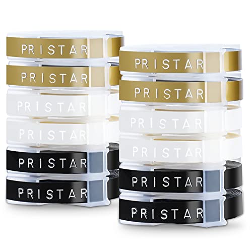 Pristar kompatibel Omega Etikettenband mit Dymo Prägeband 3D Kunststoff 9mm x 3m für Dymo Omega Junior Etikettenprägegerät Vinyl-Prägeetiketten, Weiß auf Schwarz/Transparen/Gold 12 Pack von Pristar