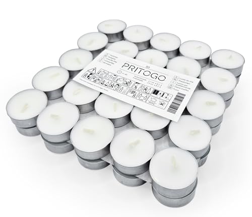 Pritogo Teelichter - Weiß Ø 3,8 * 1,2 cm, (100 Stück Alu),Brenndauer - 4 Stunden, Rußfrei, Unparfümiert, Paraffinwachs, Hochzeit, Dekorieren, Feiern von Pritogo