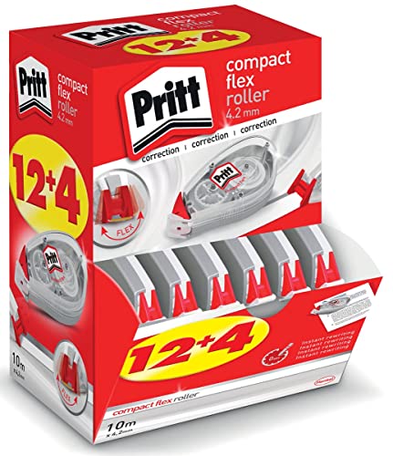 Pritt Korrekturroller Compact Flex, 12 + 4 Roller im Display, flexible Spitze, Push & Pull Funktion für beidseitige Anwendung, Breite 4,2mm, Länge 10m, 9H PCK4M von Pritt