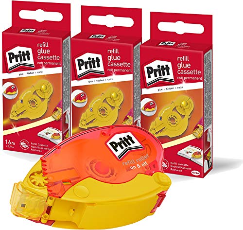 Pritt Kleberoller non-permanent, Gehäuse recyceltem Plastik, 16m x 8,4mm Premium Klebewaben+ 3 Nachfüller Eco Pack von Pritt