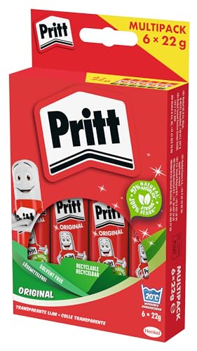 Pritt Klebestift, sicherer und kinderfreundlicher Kleber für Kunst und Bastelarbeiten, starker Klebstoff für Schule & Bürobedarf, 6x22g Pritt Stift von Pritt