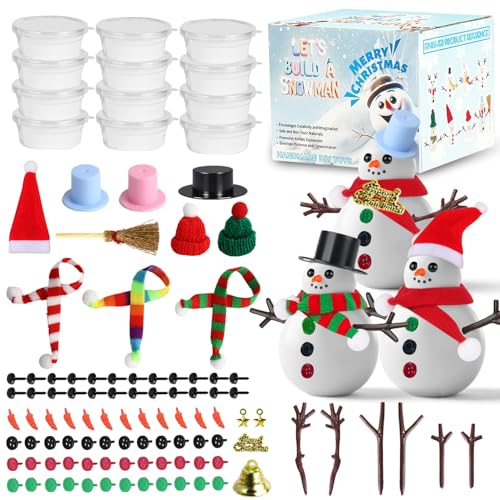 Prmape 12er Set Bastelset Weihnachten Kinder, Schneemann Bastelset Weihnachten Modelliermasse Lufttrocknend, DIY Kugelknete Schneemann für Kinder Weihnachtsgeschenke von Prmape