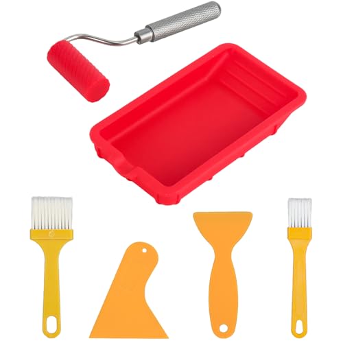 Prmape 6 Stück Leimroller Holzleim, Farbroller Klein 48mm, Mini Lackier Set mit 2 Pinsel, 1 Tablett, 2 Schaber, Leimwalze Silikon für Kunst, Handwerk, Holzbearbeitung, Klebeprojekt von Prmape