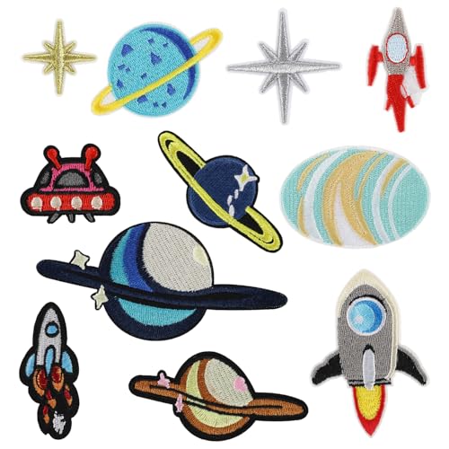 Prmape Bestickte Aufnäher, Bügelflicken Kinder, 11 Stücke Planetenserie Patches zum Aufbügeln, Applikationen Zum Nähen Oder Aufbügeln für DIY T-Shirt Jacken Jeans Kleidung Rucksäcke Hut von Prmape