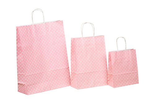 250 Kordel Papiertragetaschen Einkaufstüten aus Papier Geschenktüten mit Papierkordel Henkel rosa rosé mit weißen Punkten Pünktchen Polka Dots Verschiedene Größen zur Auswahl (22+11x31cm) von Pro DP