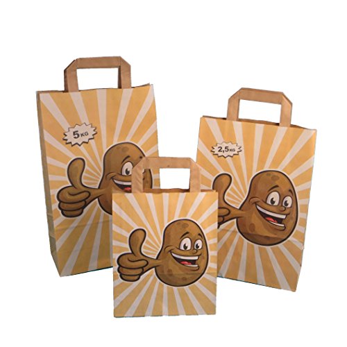 250 Papiertragetaschen Papiertüten Kartoffel Tragetaschen "Happy Potatoe" braun Flachhenkel 80-90g/m² stark verschiedene Größen zur Auswahl (22+10x36cm (5kg) 90g/m²) von Pro DP