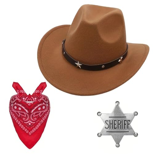 Cowboy Zubehör Set - Star-Studded Cowboyhut Silber Sheriff Badge - 3-teiliges Cowboy Ranger Sheriff Kostüm Zubehör Set (Braun) von Pro-Noke