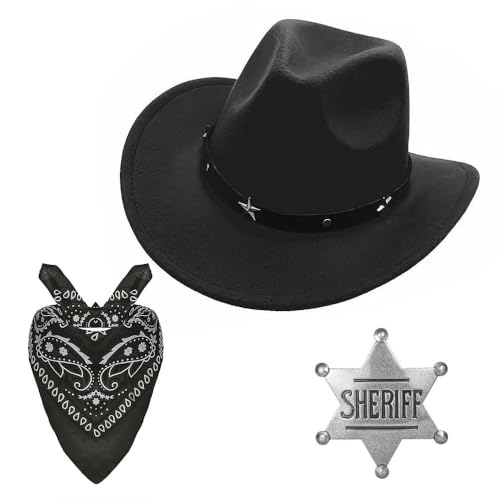 Pro-Noke Cowboy-Zubehör-Set, Cowboyhut, silberfarbenes Sheriff-Abzeichen, 3-teiliges Cowboy-Ranger-Sheriff-Kostüm-Zubehör-Set (schwarz) von Pro-Noke