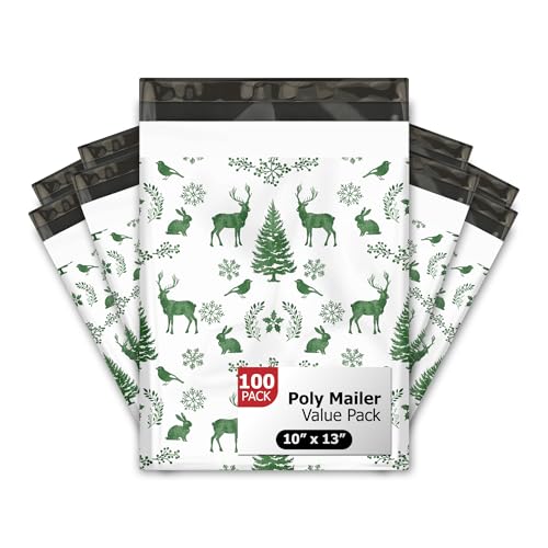 100 x 13 (100 Stück) Winter Hirsch Weihnachten Szene Designer Poly-Versandtaschen, selbstdichtende, wasserdichte Versandumschläge, Urlaub, hochwertige bedruckte Taschen für kleine Unternehmen von Pro Supply Global