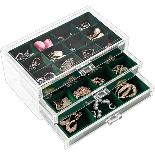 ProCase Acryl Schmuck Organizer Schmuckschatulle für Damen Durchsichtige Schmuckaufbewahrung Schmuckkästchen Schmuckbox mit 3 Schubladen für Ohrringe, Ringe, Armbänder -Emerald von ProCase