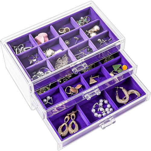 ProCase Acryl Schmuck Organizer Schmuckschatulle für Damen Durchsichtige Schmuckaufbewahrung Schmuckkästchen Schmuckbox mit 3 Schubladen für Ohrringe, Ringe, Armbänder -Lila von ProCase