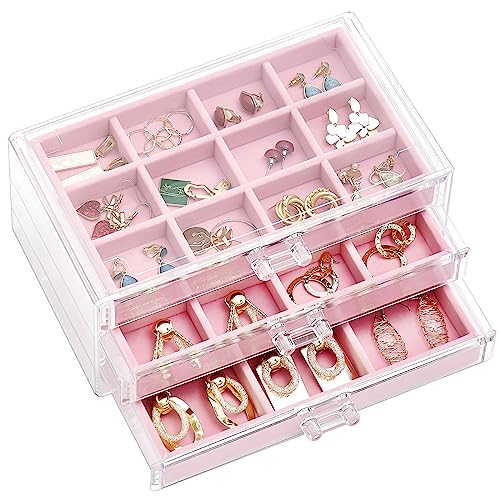 ProCase Acryl Schmuck Organizer Schmuckschatulle für Damen Durchsichtige Schmuckaufbewahrung Schmuckkästchen Schmuckbox mit 3 Schubladen für Ohrringe, Ringe, Armbänder -Rosa von ProCase