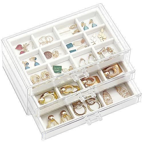 ProCase Acryl Schmuck Organizer Schmuckschatulle für Damen Durchsichtige Schmuckaufbewahrung Schmuckkästchen Schmuckbox mit 3 Schubladen für Ohrringe, Ringe, Armbänder -Weiß von ProCase