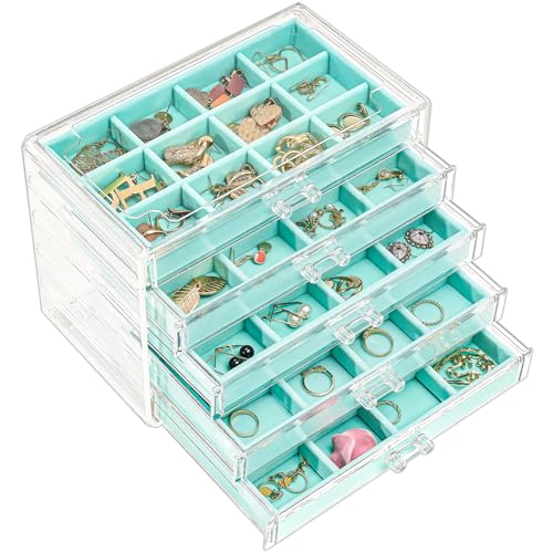 ProCase Acryl Schmuck Organizer Schmuckschatulle für Damen Durchsichtige Schmuckaufbewahrung Schmuckkästchen Schmuckbox mit 5 Schubladen für Ohrringe, Ringe, Armbänder -Blau von ProCase